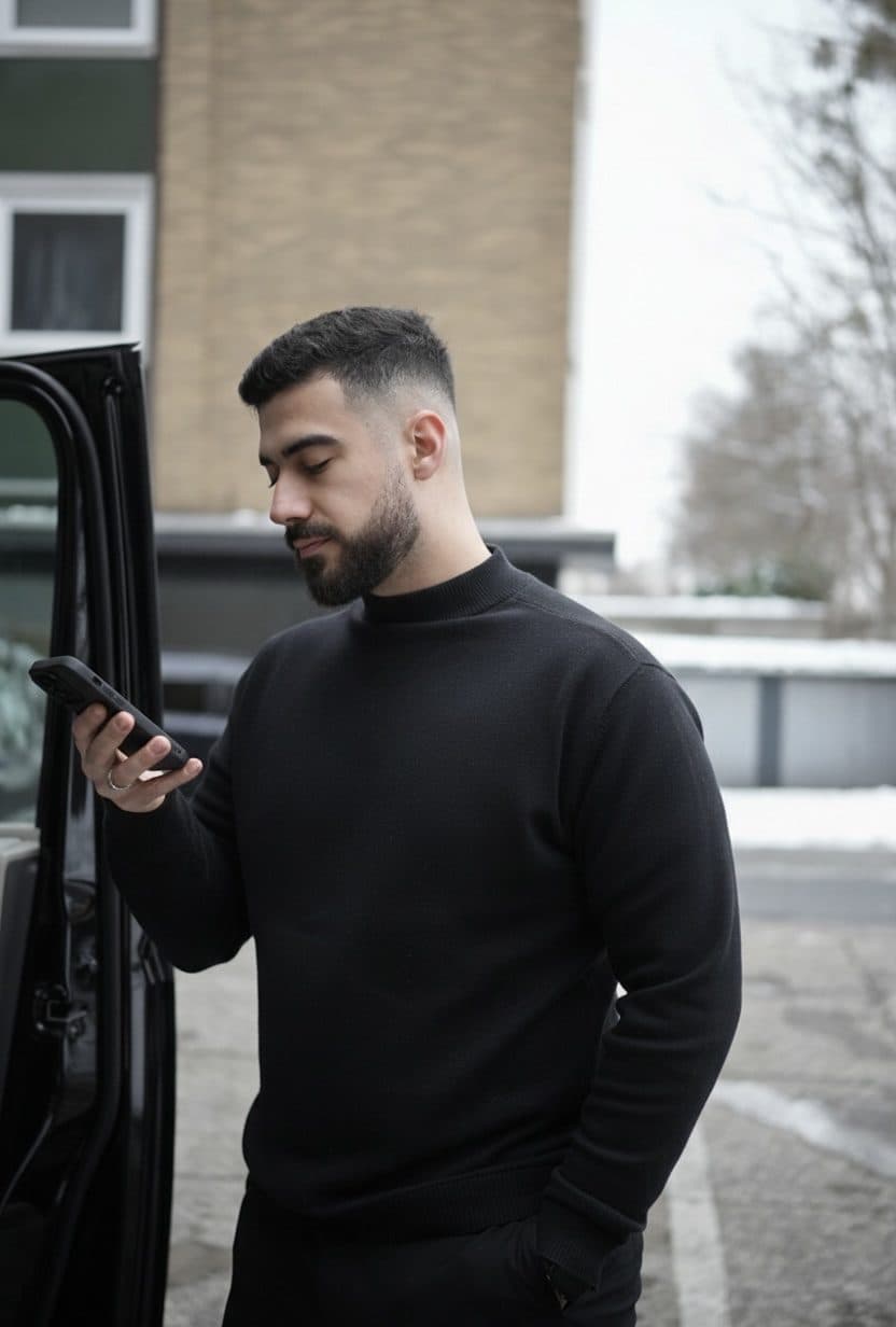 Burak Baris unterwegs in Hannover, kurzer Blick aufs Smartphone am Auto