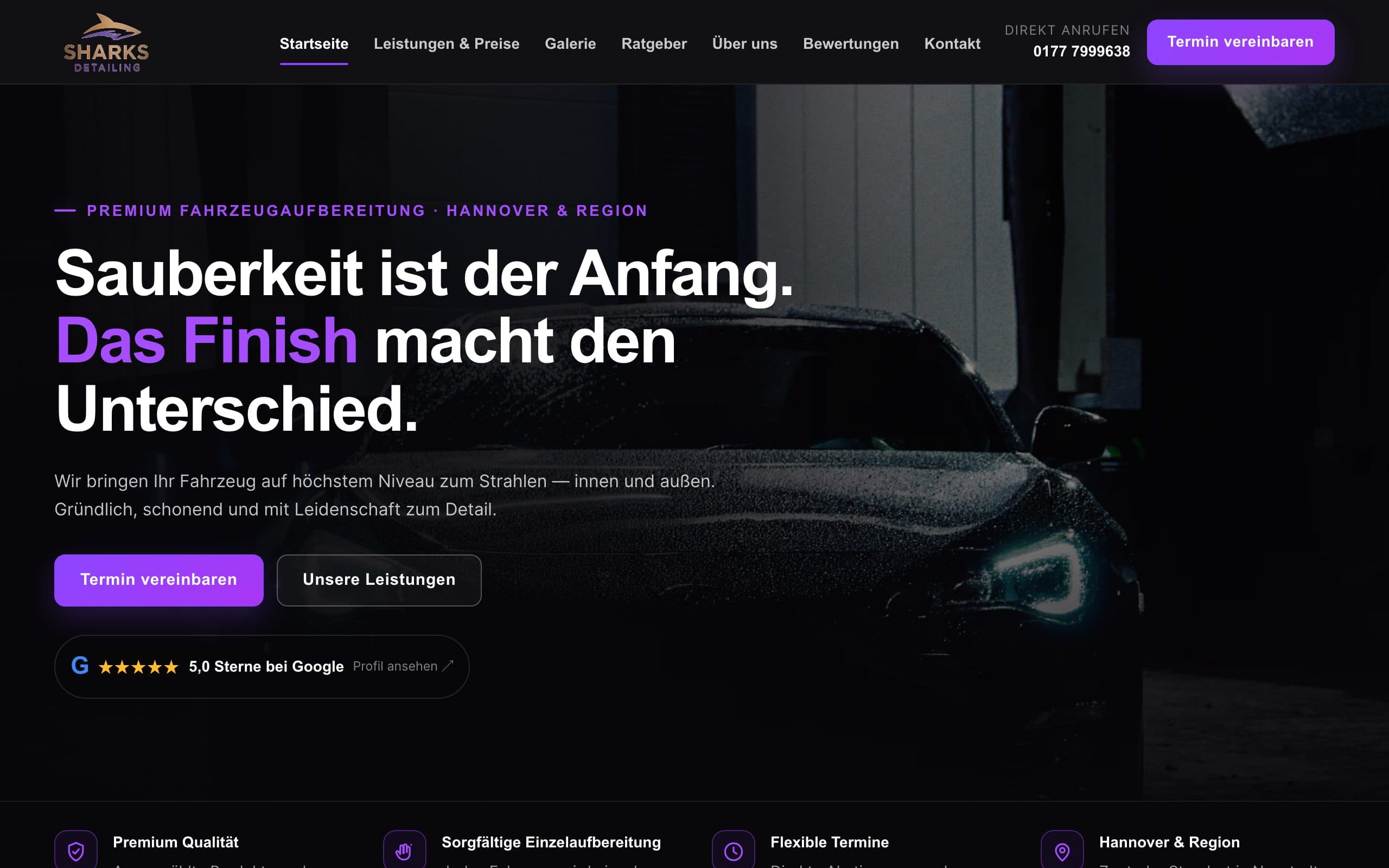 Website von Sharks Detailing – Startbereich mit Navigation und Hero